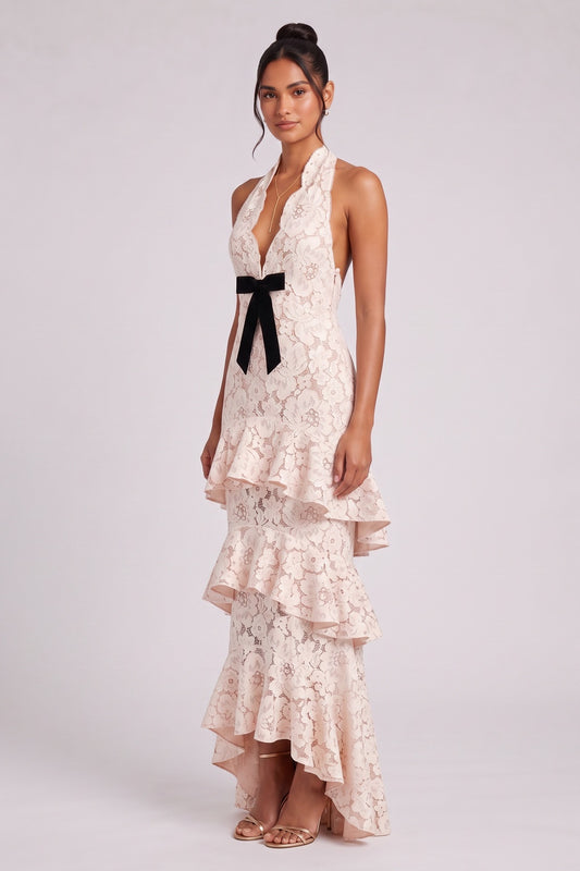 Pale Pink Floral Lace Tiered Halter Gown pale pink floral lace gown - product view 2