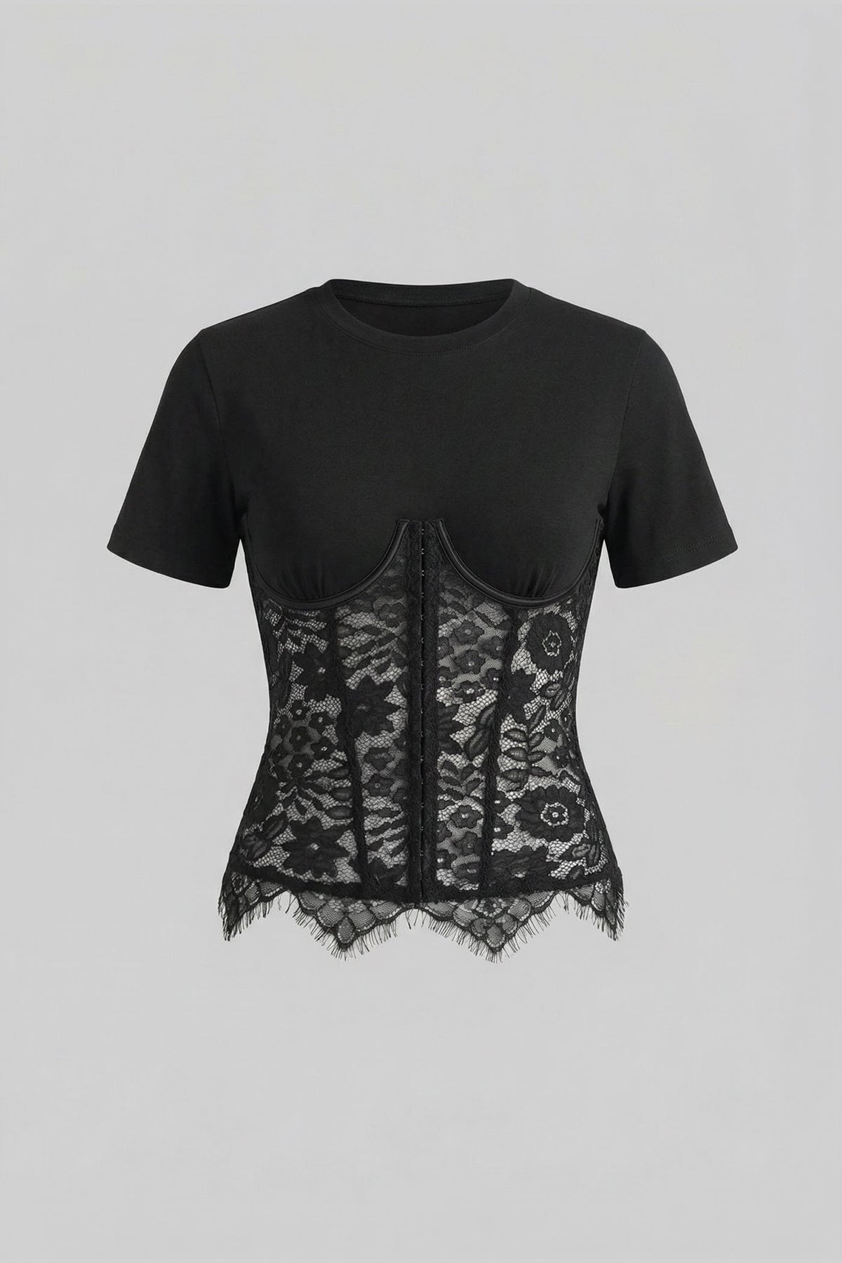 Black Spliced Floral Lace Corset Short Sleeve T-shirt
