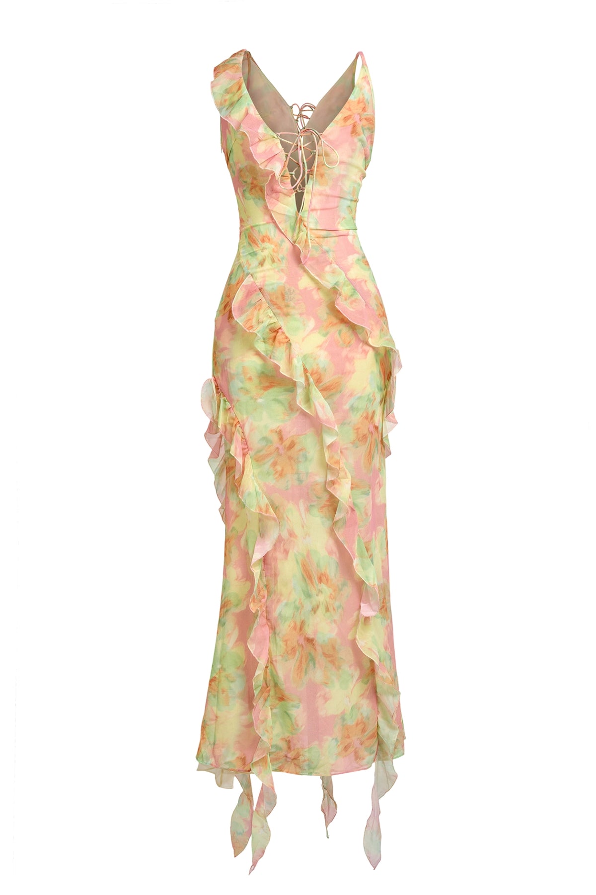 jessie Tie Dye v-neck Ruffle Tie-Up Midi Dress - green