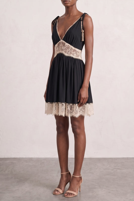 Tie Strap Contrast Lace Mini Dress