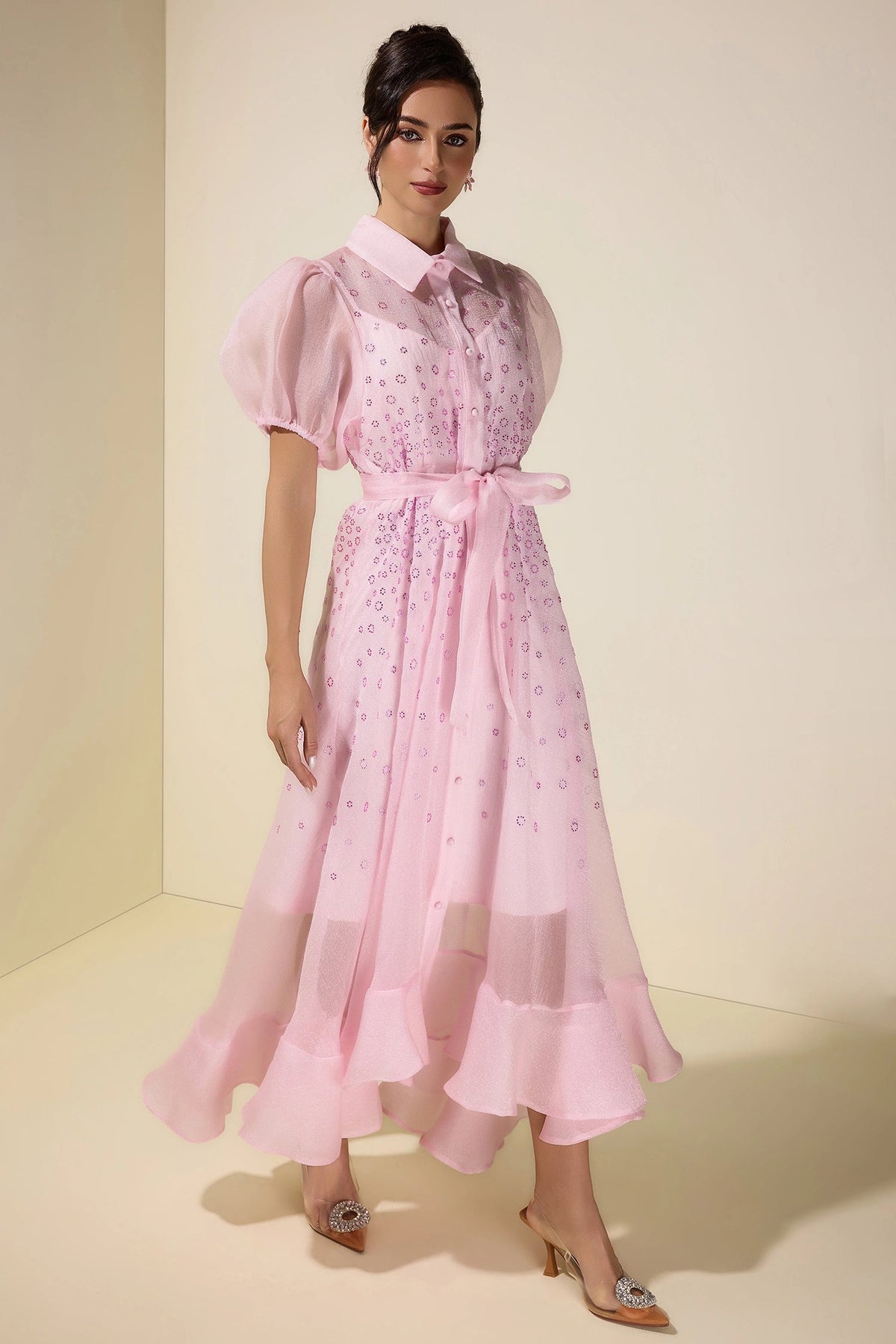 sylvia Rhinestone Puff Sleeve Maxi Dress With Belt - pink