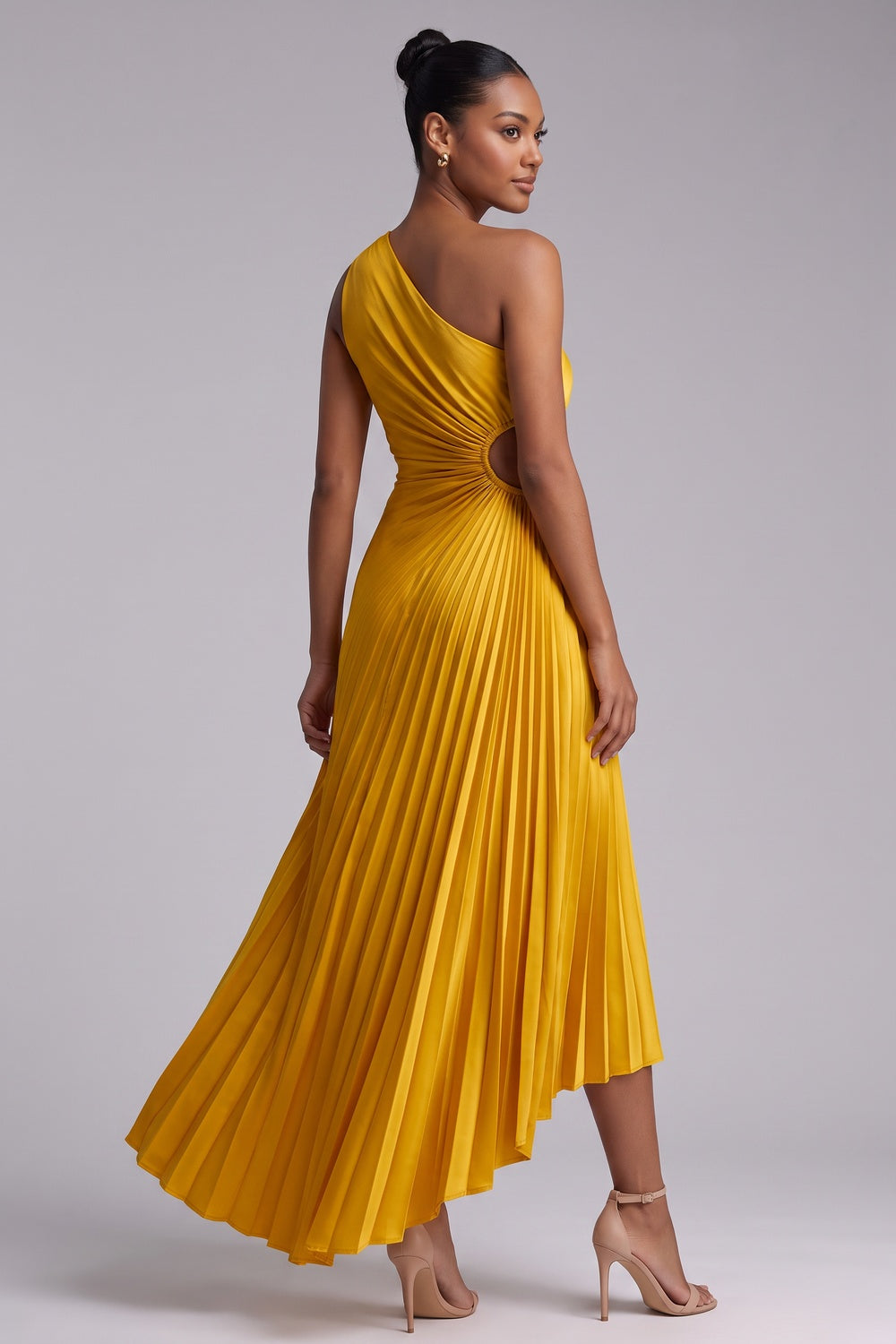 Yellow One-Shoulder Pleated Midi Dress Premium Fabric - product view 4