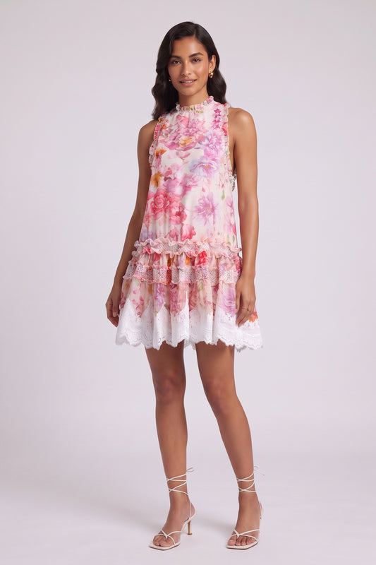 Pink Chiffon A-Line Tiered Floral Dress pink, white chiffon dress - product view 2