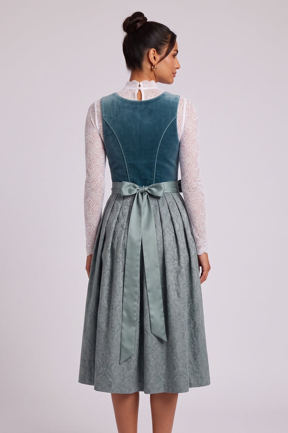 Teal Velvet bodice A-line skirt with fitted bodice Three-piece traditional dirndl ensemble Teal, Slate blue, White Velvet bodice, jacquard skirt, lace blouse, satin apron Three-piece traditional dirndl ensemble - product view 5