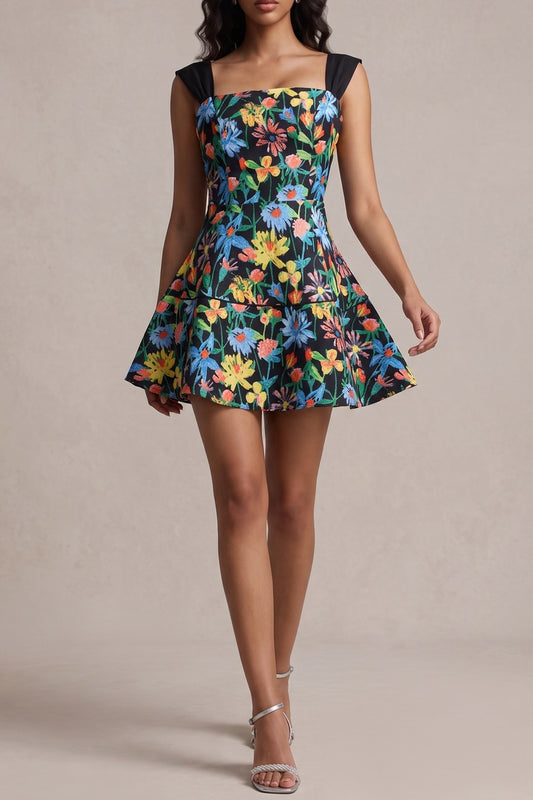 Square Neck Cap Sleeve Floral Print Mini Dress