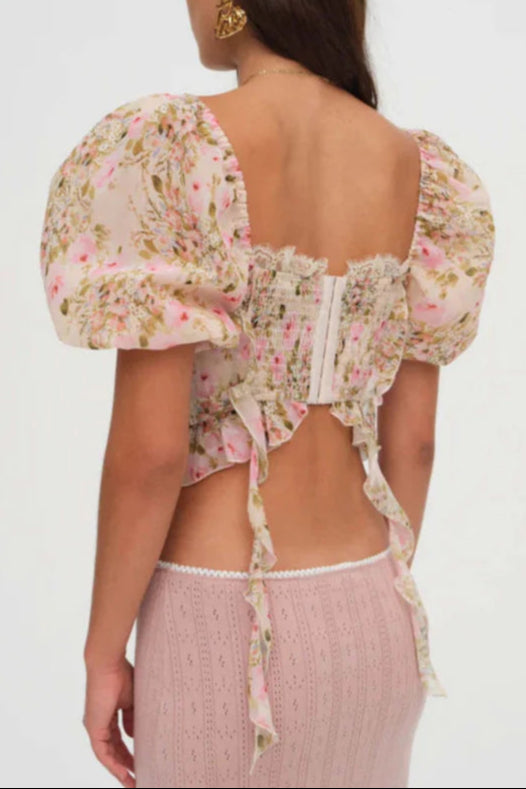 pink Tie-Drape Chiffon Shirt with Ruffled Puff Sleeves