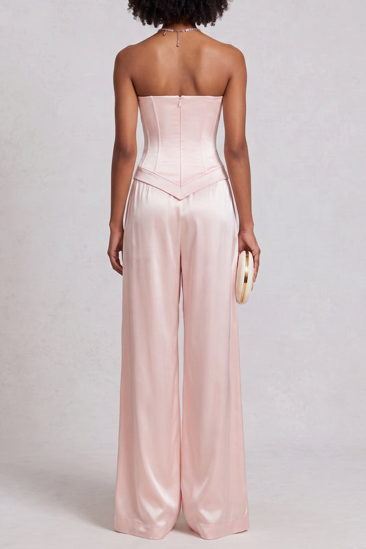 Strapless Lace Trim Satin Top & Wide Leg Pant Co-ord Set