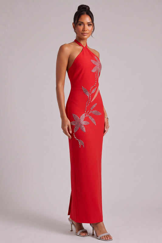 Red Halter Neck Evening Gown with Silver Floral Embellishments Premium Fabric - product view 3
