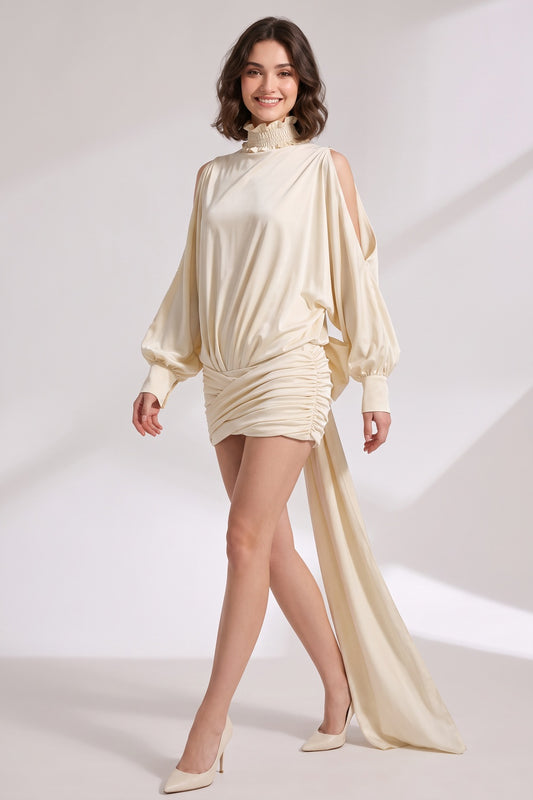 cream satin blouson top with fitted ruched skirt and open cowl back dress cream satin dress - product view 1