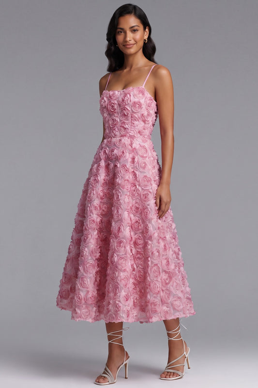 Pink 3D Rosette Textured Mesh A-Line Midi Dress pink 3D rosette textured mesh dress - product view 1