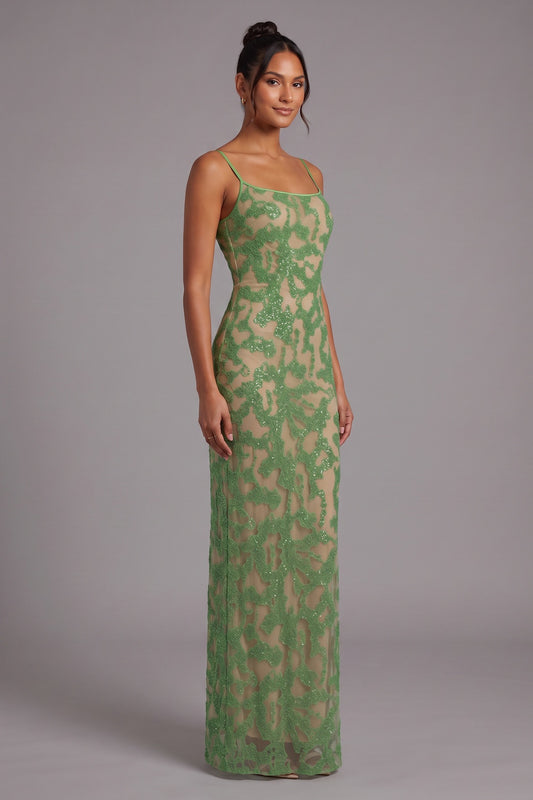 green lace column gown green lace gown - product view 3