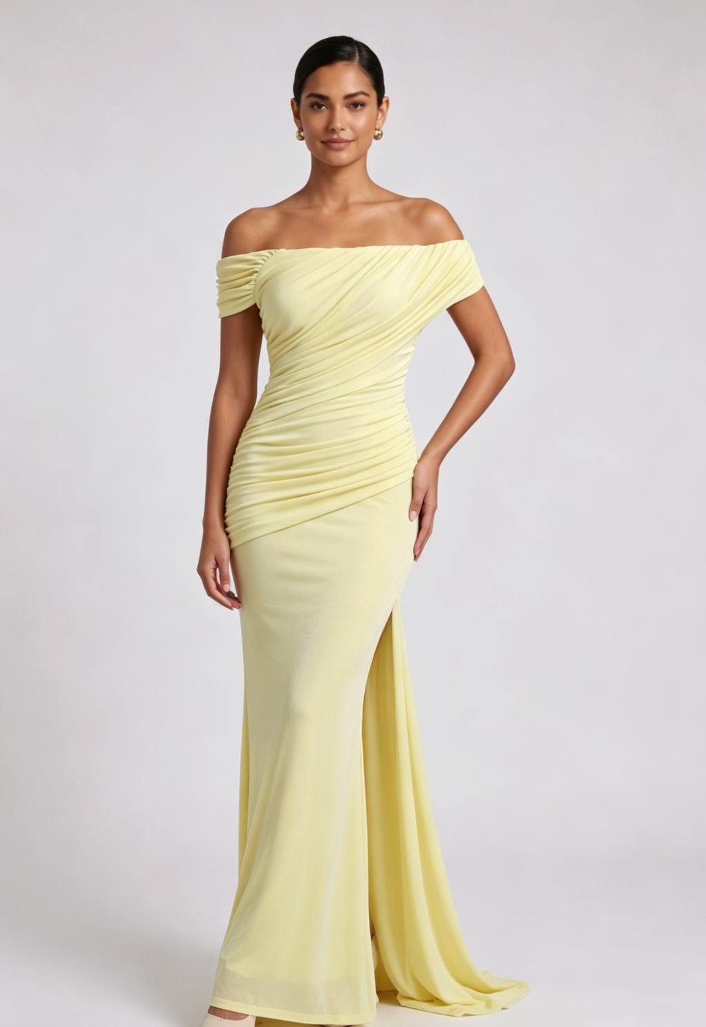 pale yellow stretch jersey column gown