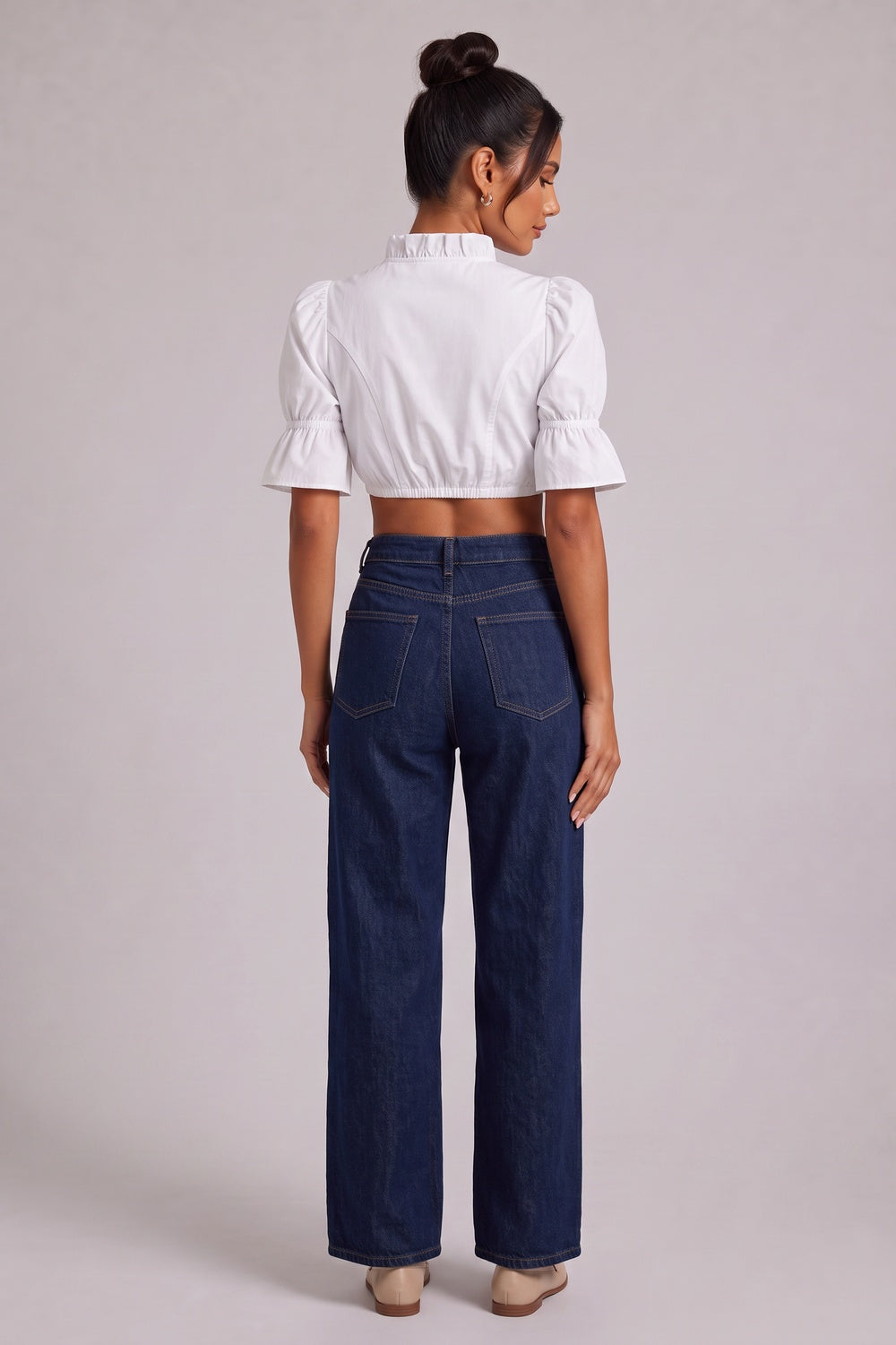 white cotton woven cropped puff-sleeve dirndl crop blouse white cotton woven dirndl crop blouse - product view 5