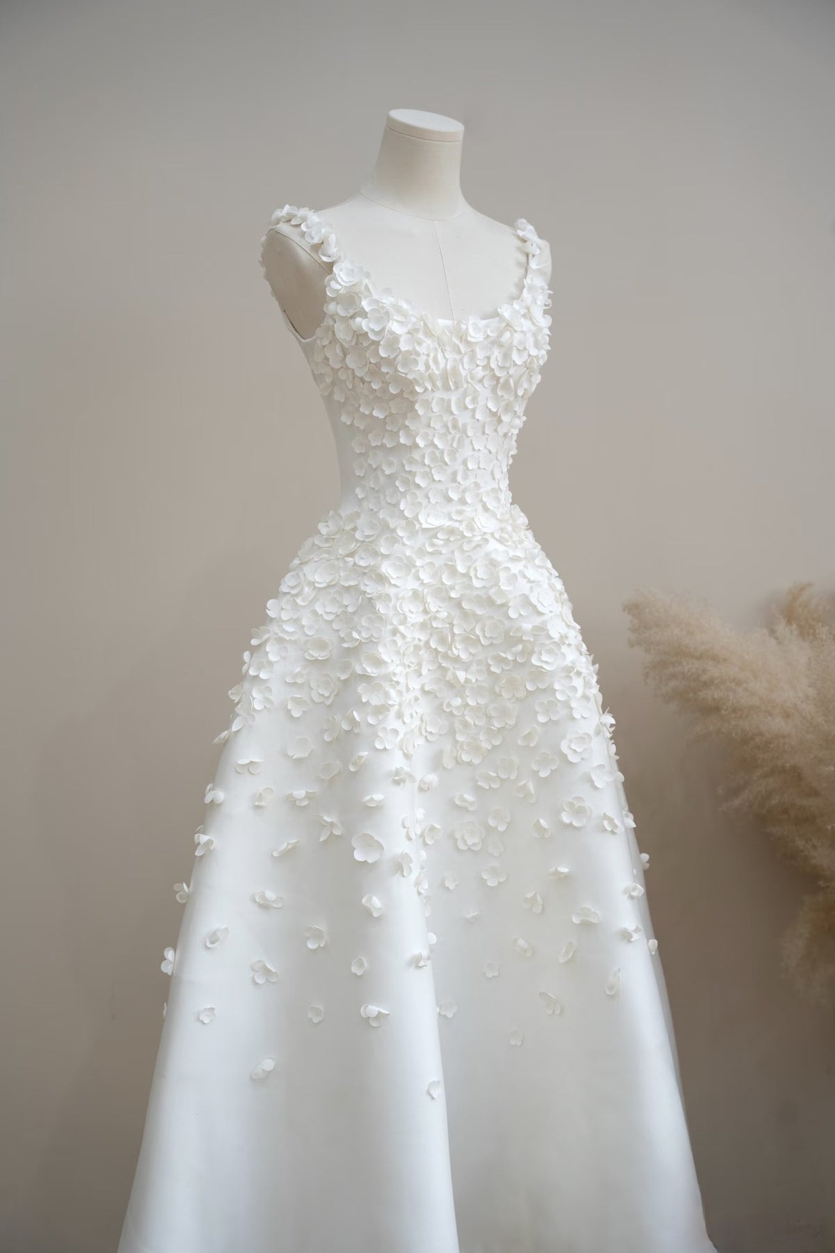 White Satin A-Line Midi Dress with 3D Floral Appliqués