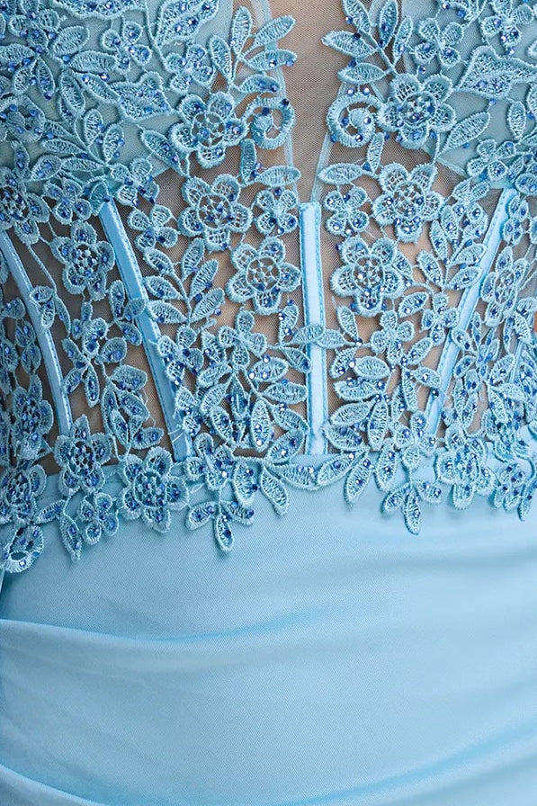 Light Blue Lace Bodice Maxi Gown with Side Slit Premium Fabric - product view 8