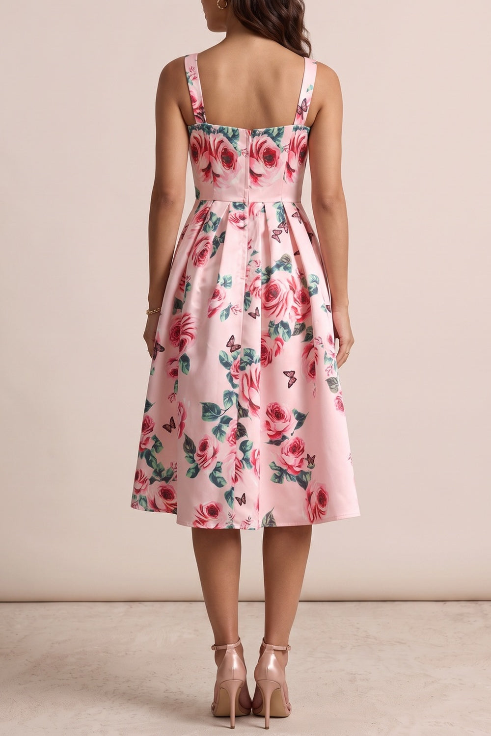 Pink Rose Print Square Neck Wide Strap Fit-and-Flare Midi Dress