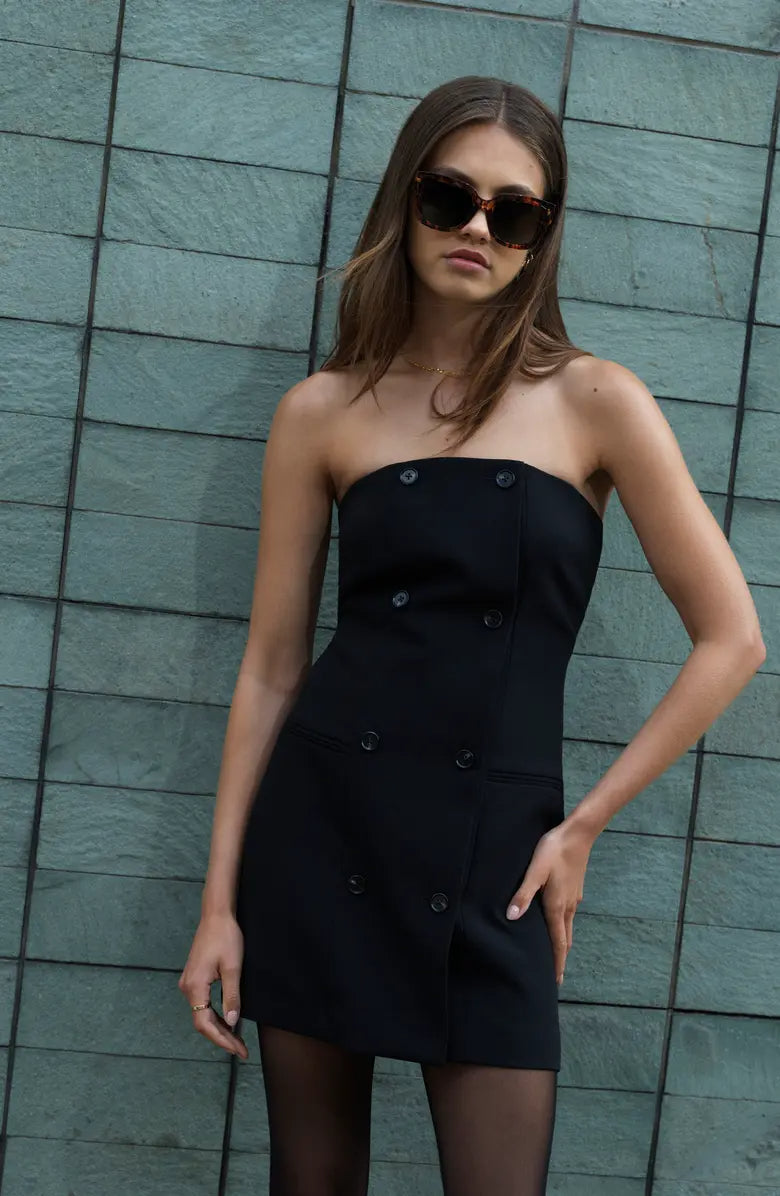 Double Breasted Strapless Twill Mini dress in black