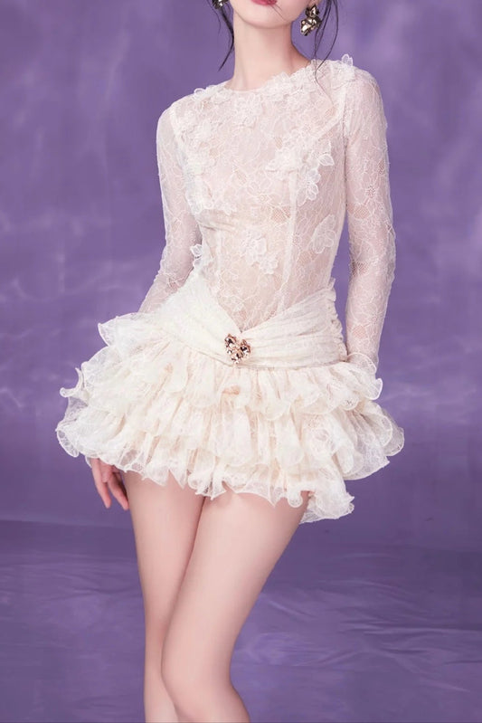 eudora lace embroidery ruched trim mini dress in white