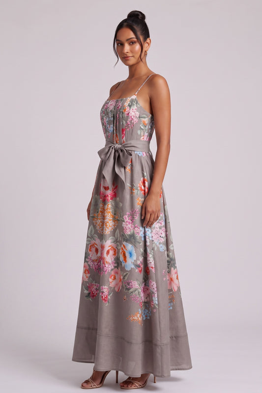 Taupe Linen-Blend A-Line Floral Maxi Dress taupe, warm grey linen-blend dress - product view 2