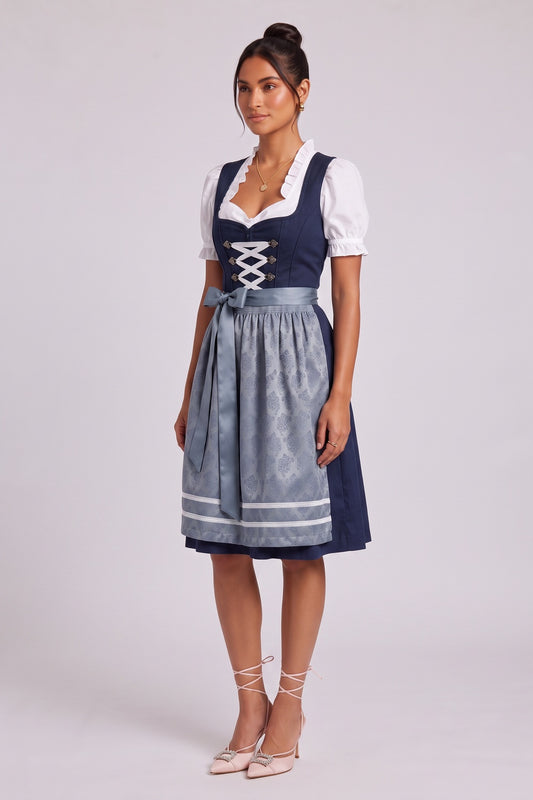 navy blue matte woven cotton-blend for bodice and skirt fit-and-flare dirndl set navy blue, white, dusty blue matte woven cotton-blend for bodice and skirt dirndl set - product view 2