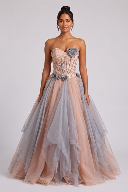 Peach Tulle Ballgown with Grey Floral Embellishments peach, dusty pink tulle ballgown - product view 1