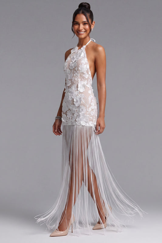 White Lace 3D Floral Appliques Bodycon Mini Dress with Floor-Length Fringe Overlay white lace with 3D floral appliques dress - product view 4
