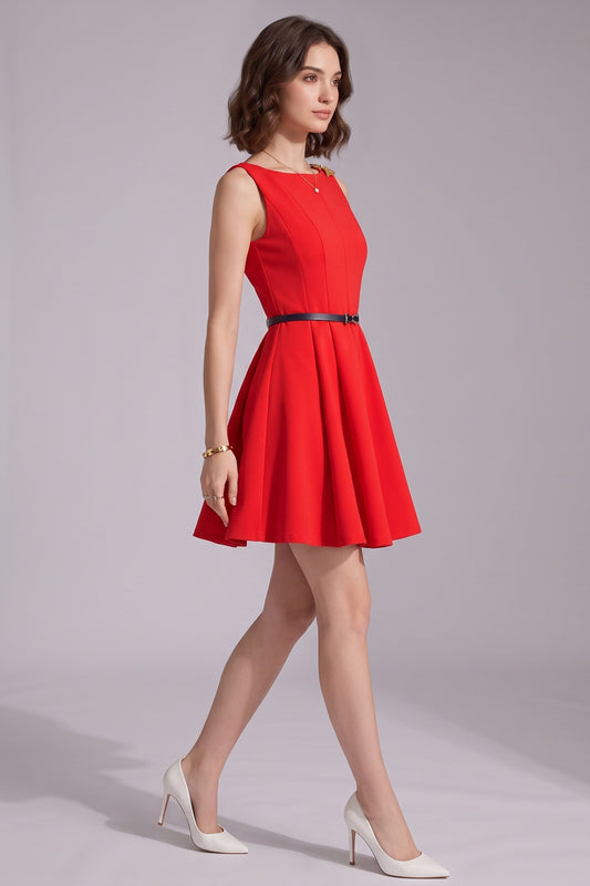 red structured crepe fit-and-flare skater dress red structured crepe skater dress - product view 2