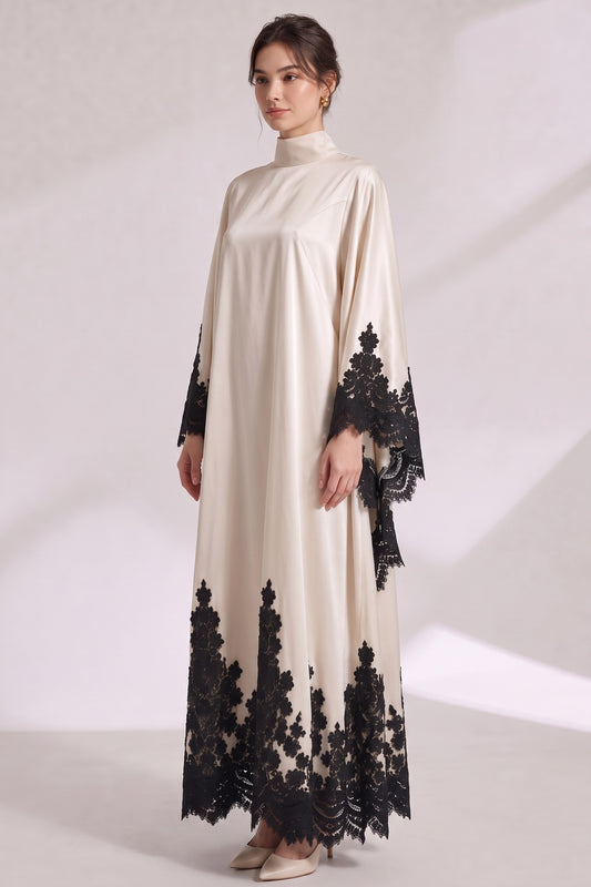 Cream Satin Oversized Flowing A-Line Kaftan Gown cream satin kaftan gown - product view 3