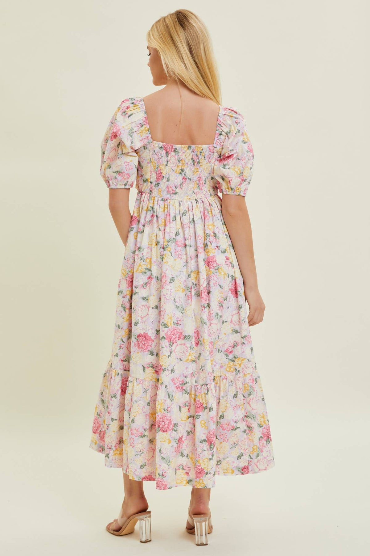 Pleated Bodice Floral Midi Dress