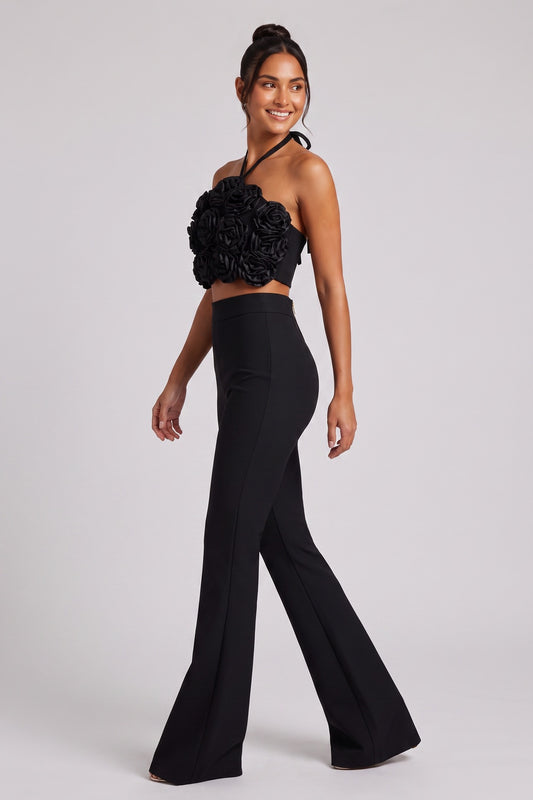 Black Stretch Crepe Two-Piece Set with 3D Rosette Halter Top and High-Waisted Flared Trousers black stretch crepe two-piece set - product view 1