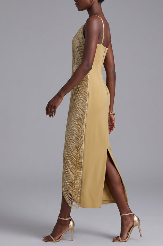 One Shoulder Metallic Ruched Midi Dress
