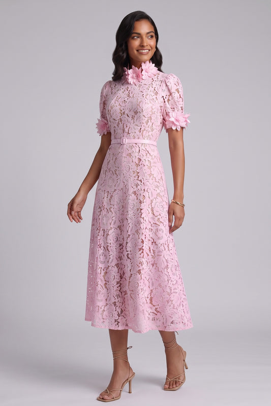 Pink Floral Lace A-Line Midi Dress pink floral lace dress - product view 1