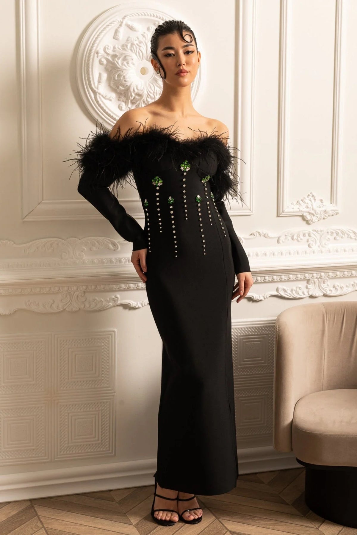 lara sequin high slit Feather Adorned maxi Dress - Black