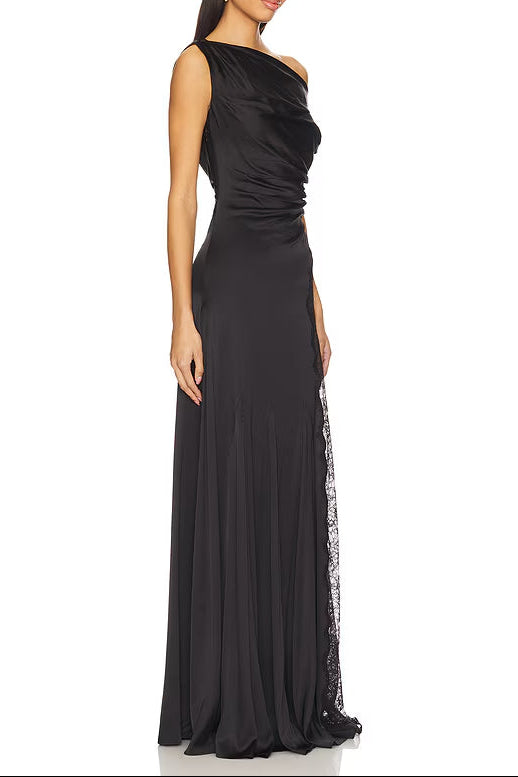 sara black Asymmetrical pleated maxi dress with side slit lace trim