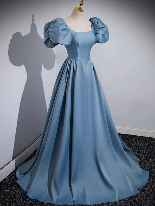 A-Line Satin Blue Long Prom Dress