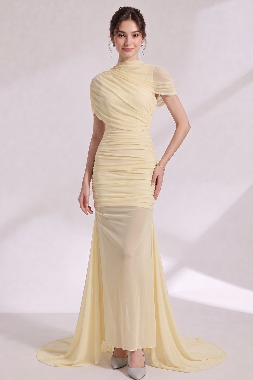 pale yellow sheer mesh fitted mermaid evening gown with sheer train pale yellow sheer mesh evening gown - product view 4