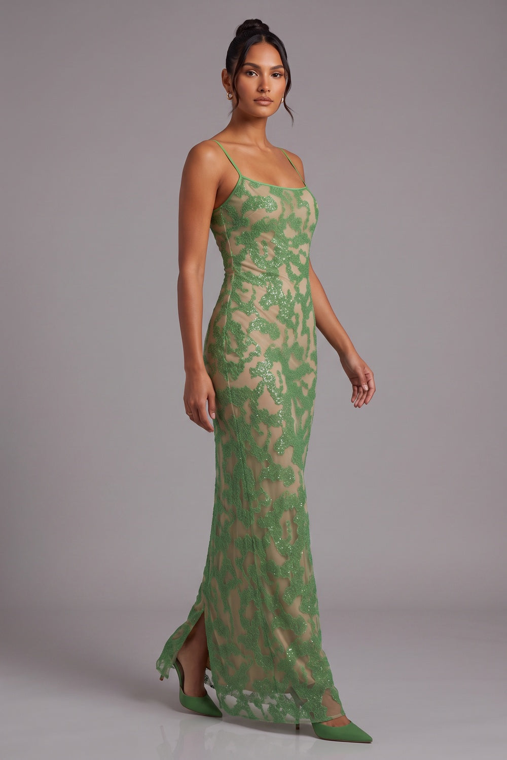 green lace column gown green lace gown - product view 4