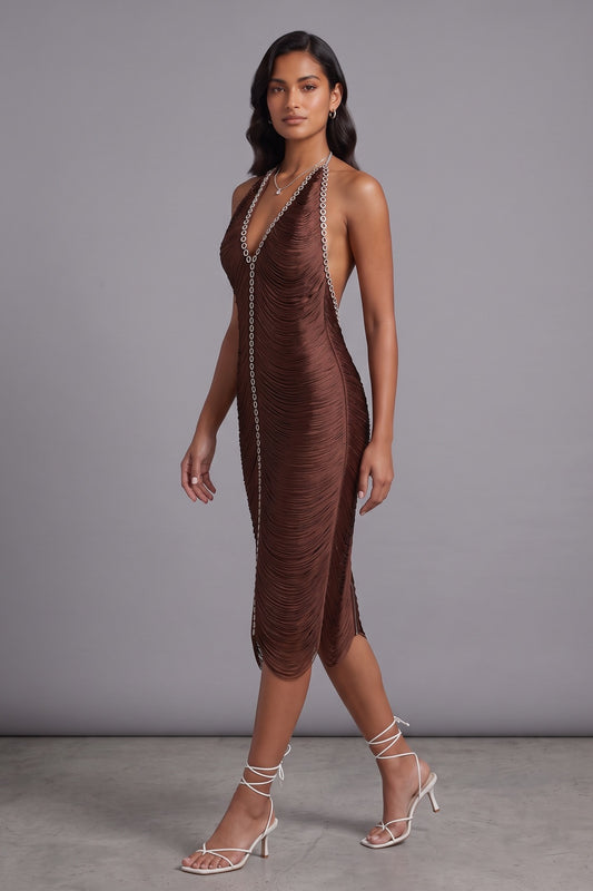 chocolate brown micro-fringe textured synthetic sheath dress chocolate brown micro-fringe textured synthetic dress - product view 2