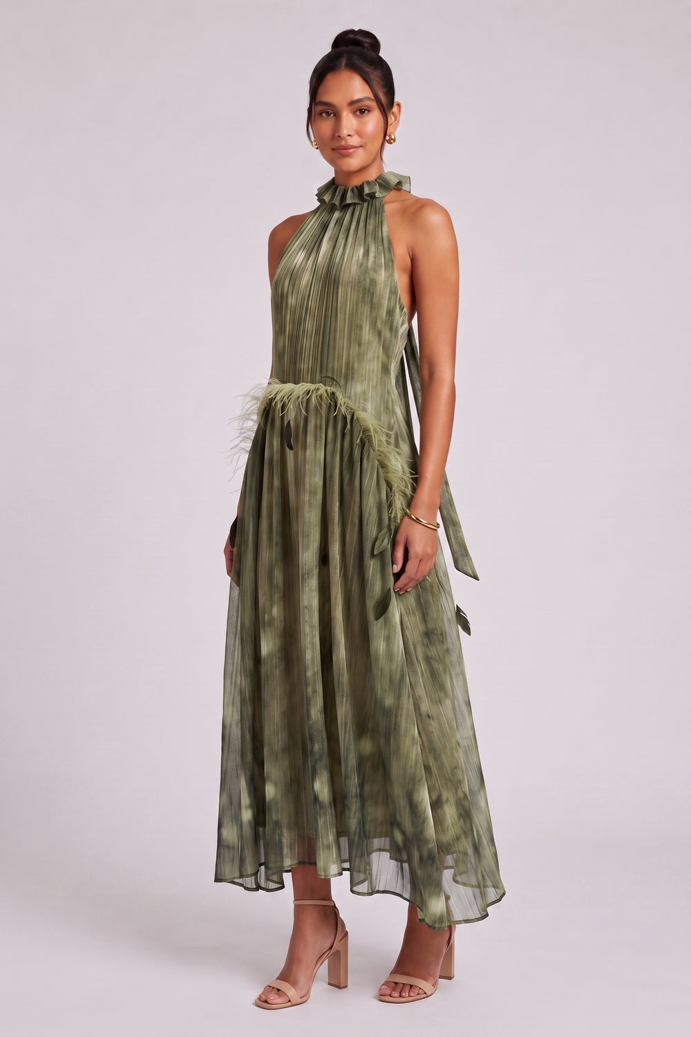 Olive Green Chiffon A-Line Halter Midi Dress olive green, moss green chiffon dress - product view 4