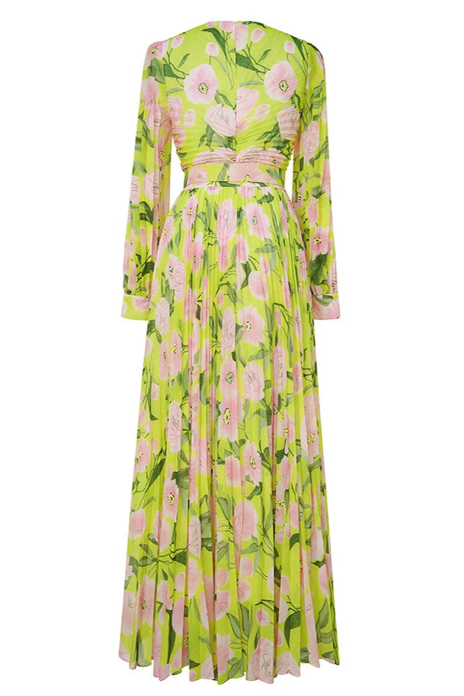 V-neck silk printed pleated maxi dress in yellow