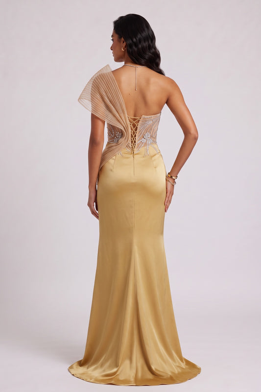 Strapless Rhinestone Mesh Ruffle Satin Mermaid Evening Gown