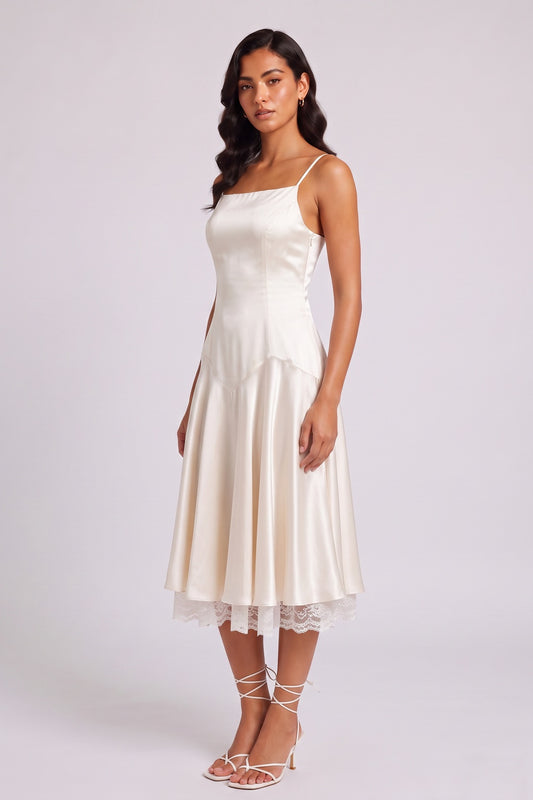 Ivory Spaghetti Strap Satin Lace Underlayer Hem Midi Slip Dress