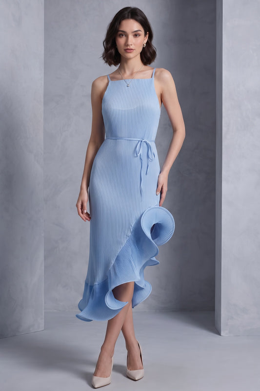 light blue polyester blend fitted sheath with asymmetrical flared hem dress light blue polyester blend dress - product view 2