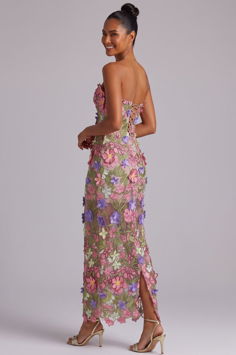 3D Floral Appliqué Strapless Maxi Dress Premium Fabric - product view 4
