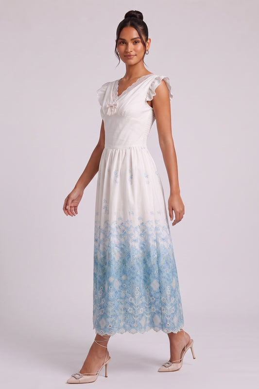 White Cotton Woven Fit-and-Flare Midi Dress with Gradient Floral and Eyelet white cotton woven dress - product view 2