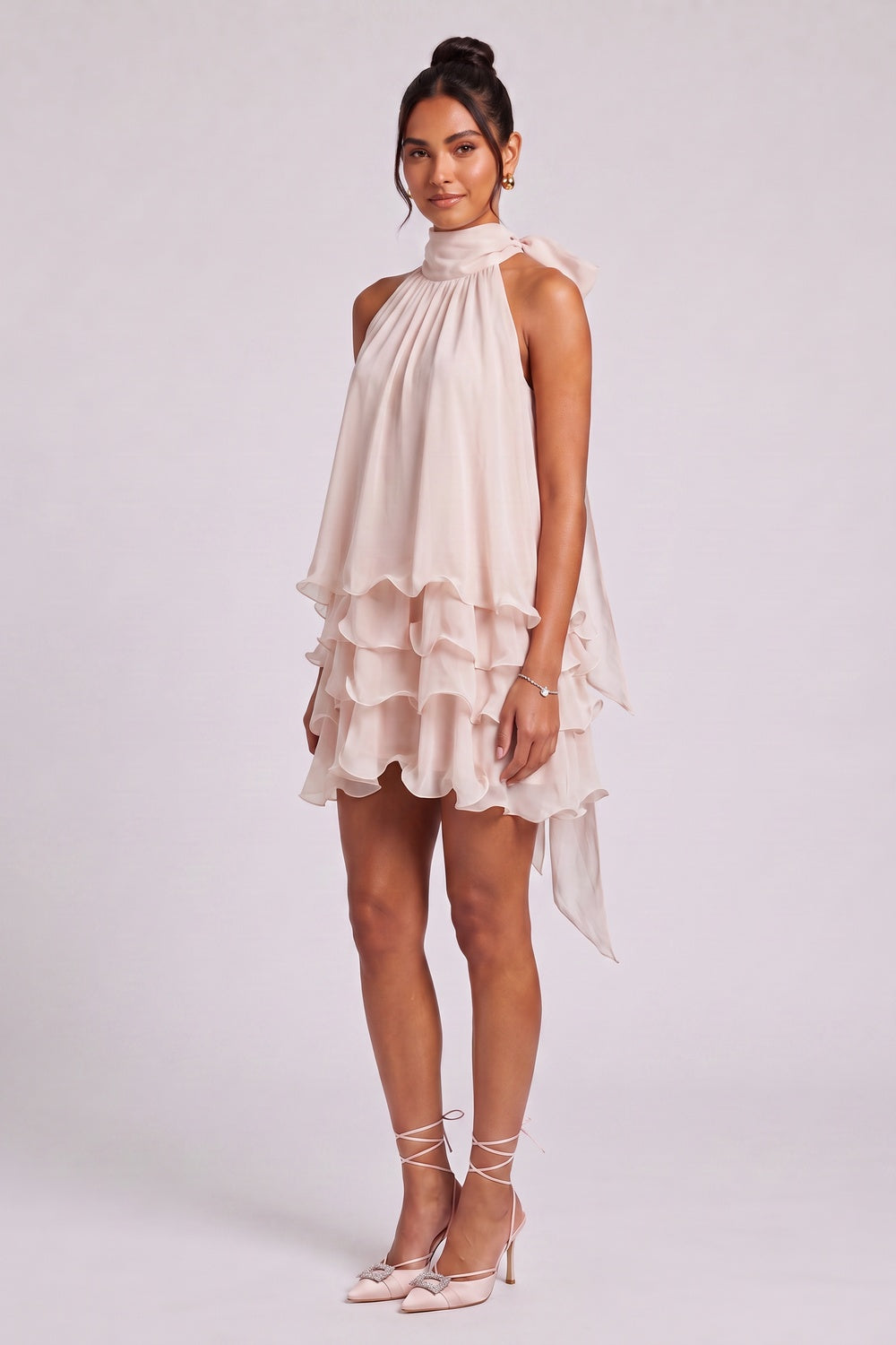 Pale Pink Chiffon Tiered Mini Dress with Halter Neck pale pink, blush pink chiffon dress - product view 4