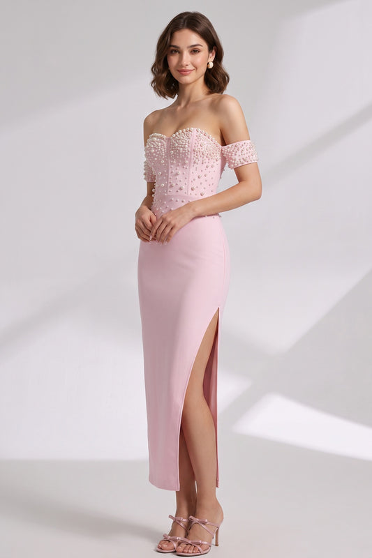 Light Pink Structured Crepe Sheath Dress with Pearl Embellishment light pink structured crepe dress - product view 1