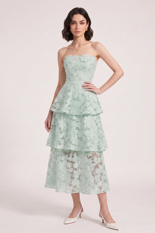 Mint Green 3D Floral Applique Lace A-Line Tiered Dress mint green 3D floral applique lace dress - product view 2