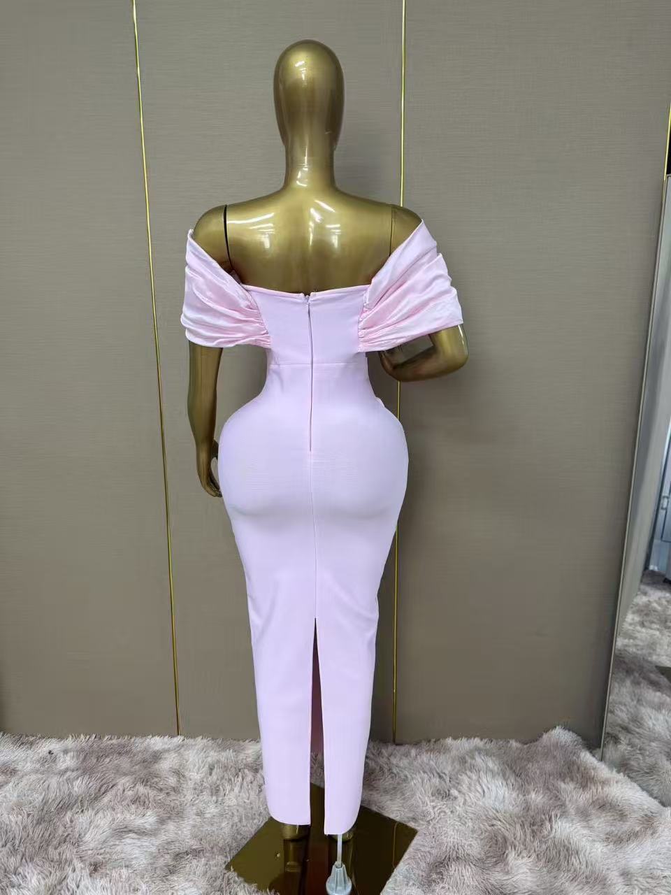 Light Pink Satin-Crepe Column Gown with Silver Sparkly Trim