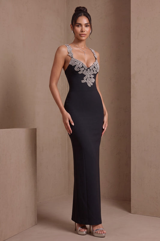 Black Sweetheart Spaghetti Strap Leaf Crystal Rhinestone Embellished Mermaid Maxi Formal Dress